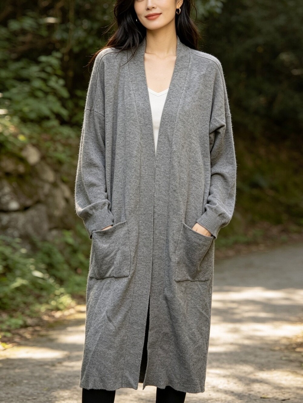 Dreamers Long Open Front Duster Cardigan Grey Soft Knit Lightweight Size M